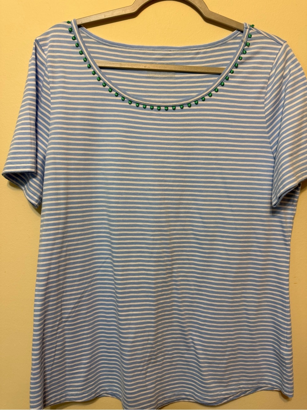 Talbots Light Blue & White Striped Scoop Neck Tee with Green Bead Trim 2332